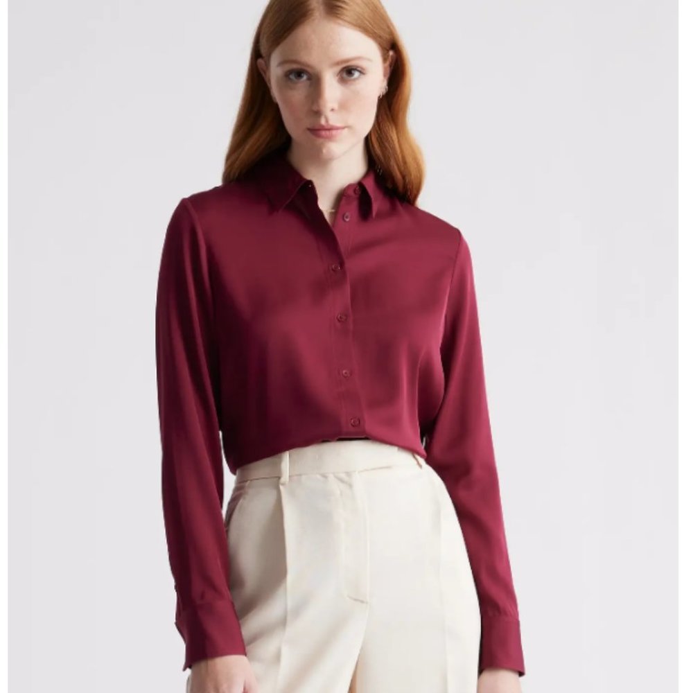 Quince Washable Stretch Silk Shirt, Burgundy, Sz medium, NWT!